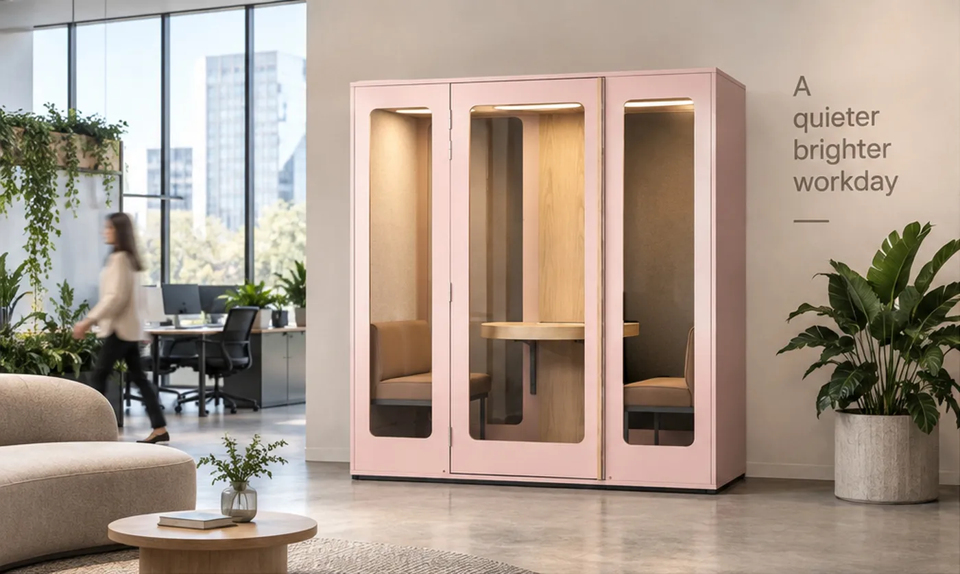 Cabine Haven coloris Antique Rose avec table centrale, dans un espace de travail lumineux
