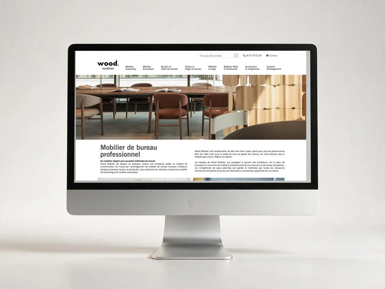 La page d'accueil de wood-mobilier.com affichée sur un iMac